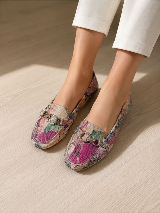 Anne Klein Shoes - Anne Klein Multicolor Snake-Print Loafers with Chain Accent